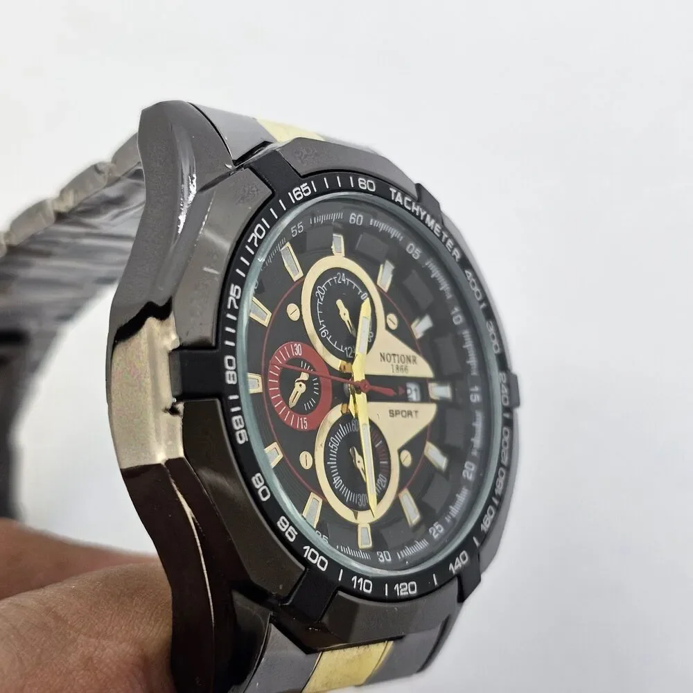46MM Men's Watch Black Case Black Dial Date‎ Indicator Black Gold Bracelet 8